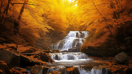 Beautiful autumn landscape with yellow trees and waterfall