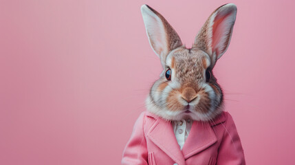 A stylish brown rabbit in a pink blazer over a crisp white shirt against a soft pink background.