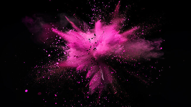Abstract burst of white explosion isolated splatter with charcoal powder dust, pink smoke particles