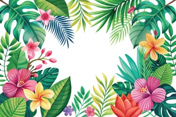 tropical flowers and leafs with frame circular vector illustration design © Rony