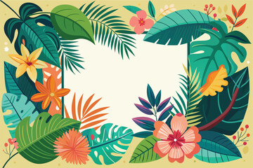 Fototapeta na wymiar Tropical background with palm leaves and flowers. Vector illustration.