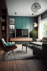 Living room interior in modern house in Retro style.