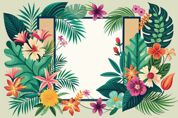 Fototapeta na wymiar Tropical background with exotic flowers and leaves. Vector illustration.