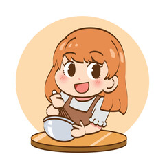 A girl prepares bread ingredients in an iron bowl and smiles. cartoon logo character design.