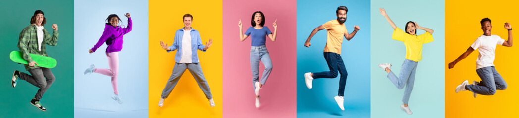 Collage with excited millennial men and women jumping and having fun