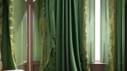 green curtain with a window