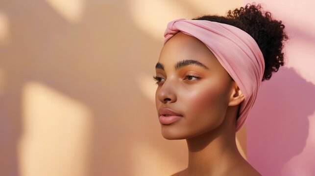 A moment of tranquility unfolds in a captivating image featuring a beautiful young woman of African descent, wearing a pink headband, against a clean beige and pink backdrop, embodying the essence of 
