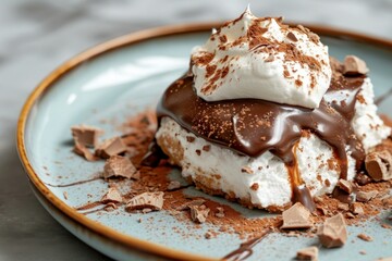 Baked Alaska chocolate. Sponge cake dessert traditional in Alaska. Generate ai