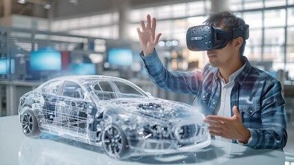 Male engineer using virtual reality headset to work with a propotype 3D car model. Man Engineer Interacting with Virtual Car Design in VR. Loop, infinite bucle, - Powered by Adobe