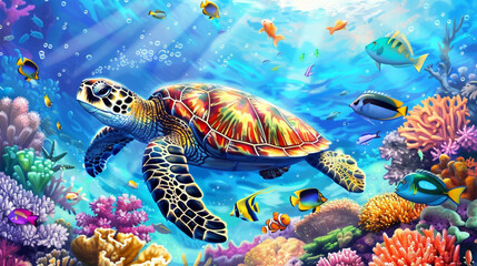 A colorful clipart underwater scene with tropical fish, coral reefs, and a smiling sea turtle.