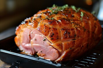 Baked glazed ham dish. Delicious sliced homemade cooked ham with honey ingredient. Generate ai