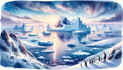 Watercolor landscape of Antarctica