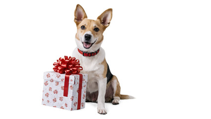 A dog with a gift box. Generative AI.