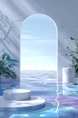 Fototapeta na wymiar A bathroom with a sink and a window overlooking the azure ocean