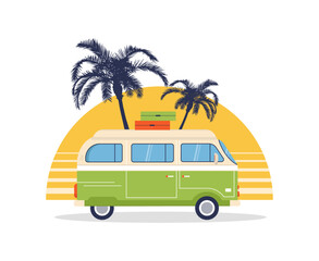 Beach summer car. Summer time vacation banner design template