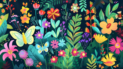 A colorful clipart garden with blooming flowers, buzzing bees, and fluttering butterflies.