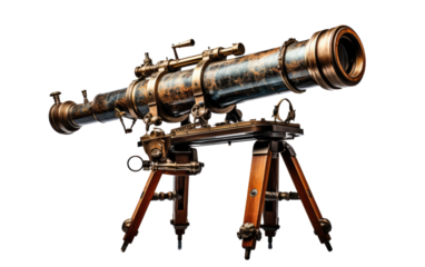 Antique Telescope on Tripod. On White or PNG Transparent Background.