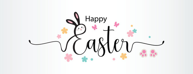 Happy Easter banner. Trendy Easter design with typography, hand painted strokes and dots, eggs, bunny ears, in pastel colors. Modern minimal style. Horizontal poster, greeting card, header for website