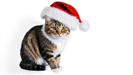 Obraz na płótnie Canvas Isolated domestic cat with Christmas hat. Cat with Santa's hat. Generative AI.