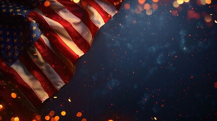 American flag on dark blue color with bokeh lights background. Copy space for add text. - obrazy, fototapety, plakaty