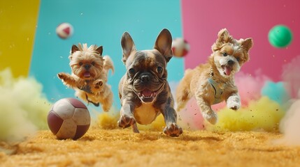 French Bulldog and Yorkshire Terrier Playfully Chasing Balls with Exuberance and Joy