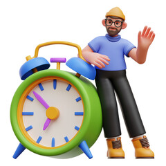 Man Leaning on Alarm Clock 3D Character Illustration
