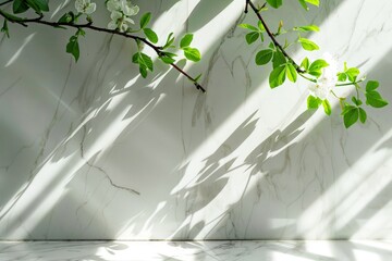 A white marble wall adorned with vibrant green leaves, creating a striking contrast between the man-made structure and natures touch