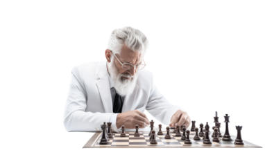 Man in White Suit Playing Chess. On White or PNG Transparent Background.