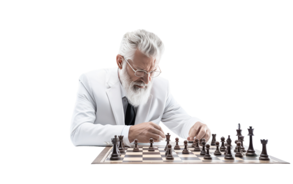 Man in White Suit Playing Chess. On White or PNG Transparent Background.