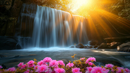Nature Scene Colorful Waterfall and Flowers at Sunset