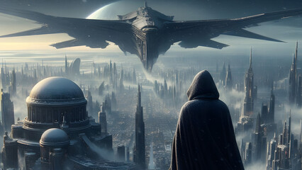 Snowy Futuristic City: Cloaked Figure, Towering Buildings, Large Domes, Spaceship, Crowded Streets, Ominous Atmosphere, Mesmerizing View