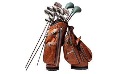 A Set of Golf Clubs and a Bag of Golf Clubs. On White or PNG Transparent Background.