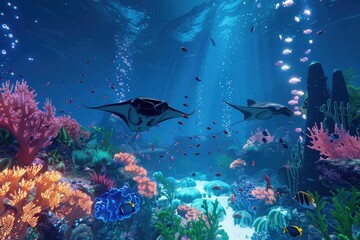 Fototapeta na wymiar Mysterious underwater scene with schools of exotic fish, graceful manta ray gliding past bioluminescent jellyfish and vibrant coral formations