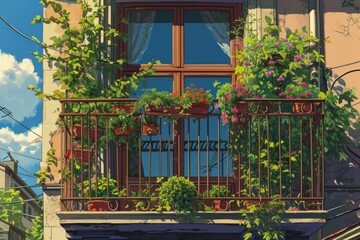Fototapeta na wymiar Balcony landscape anime visual novel game. Patio design. Generate Ai
