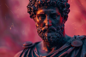 Classical stoic greek, roman statue with a colorful spark background. A classical sculpture with intricate details, focusing on historical art, with the face area blurred for anonymity
