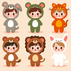 set of animals. set of cute children's cartoon characters wearing animal clothes