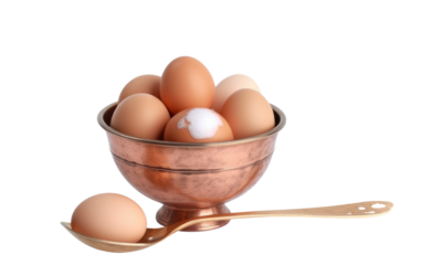 Copper Bowl Filled With Eggs and Spoon. On White or PNG Transparent Background.