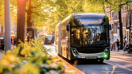 Obraz premium A modern public bus travels down a city street at sunset with golden sunlight filtering through the trees.