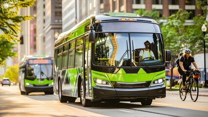 Green city buses in urban environment with a cyclist on the side, showcasing modern and eco-friendly public transportation.