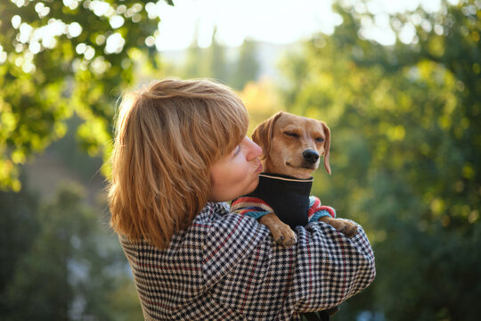 Owner walking with dog together in park outdoors, summer vacation, Adorable domestic pet concept, Friendship between human and their pet. Dachshund in sweater High quality photo