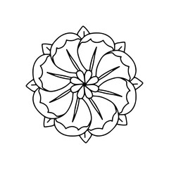 Hand drawn black linear classic floral rosette motif isolated on white background