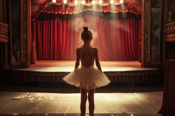 Ballerina girl theater stage. Confident and beautiful baby standing dress scene. Generate AI
