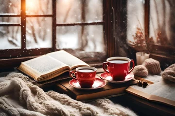 Poster Cozy winter still life. Cup of hot tea and an open book with a warm sweater on a vintage wooden windowsill. Cozy home concept. Sweet home © Muhammad
