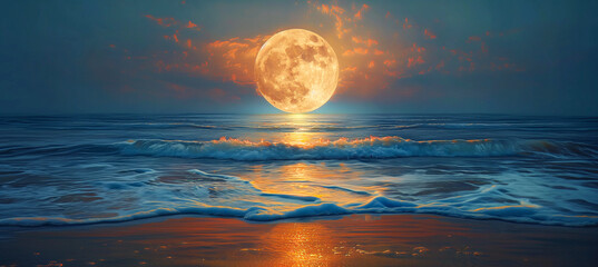 digital artwork of a big super full moon over the sea or ocean at night, midnight - obrazy, fototapety, plakaty