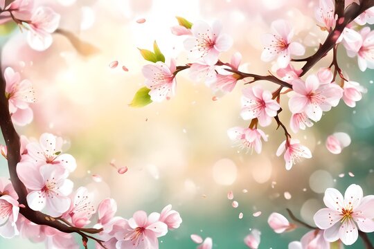 background with spring cherry blossom. Sakura branch in springtime with falling petals and blurred transparent elements