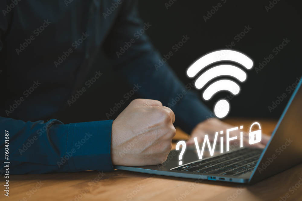 Poster While using a laptop, a man faces difficulties connecting to WiFi, encountering either connection issues or incorrect password, leading to a delay in loading digital data from websites.