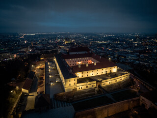 Night aerial view of Spilberk Castle in Brno, Czech Republic