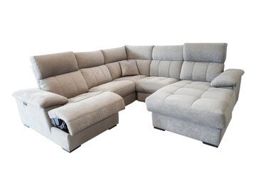 Modern Sectional Couch With Footstool and Ottoman. On White or PNG Transparent Background.
