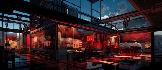 High-Tech Industrial Glass Building Interior with Red Neon Trim and Virtual Reality Workstations