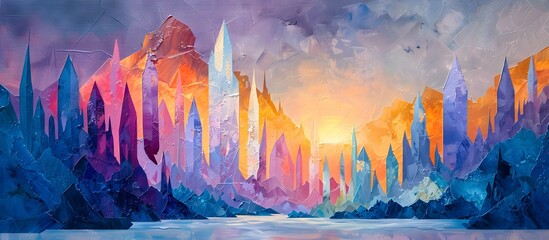 Ethereal Ice City at Sunset in a Fantasy Landscape of Crystalline Mountains